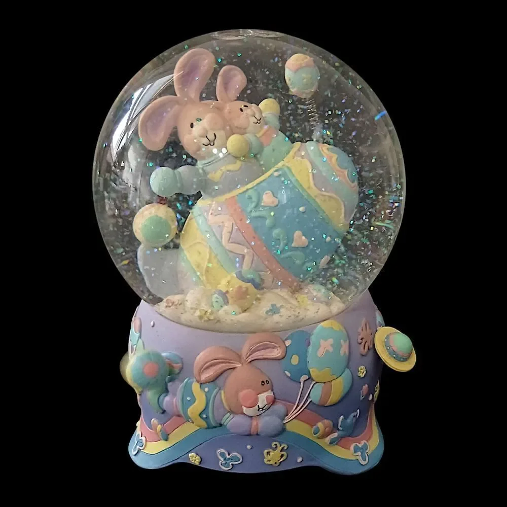 Easter Snow Globe Music Box Musical Bunny VIDEO Pastel Balloons Eggs Vintage 90s